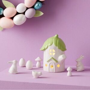 Light Up Ceramic Cabbage Easter House Green & 10pc Bunny Figurine Set -Spritz